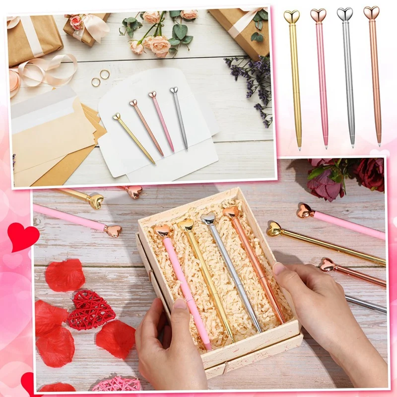 20Pcs Valentines Pens Heart Shaped Metal Pens Valentines Gifts Heart Decorative Ballpoint Pens For Party Favors School Durable