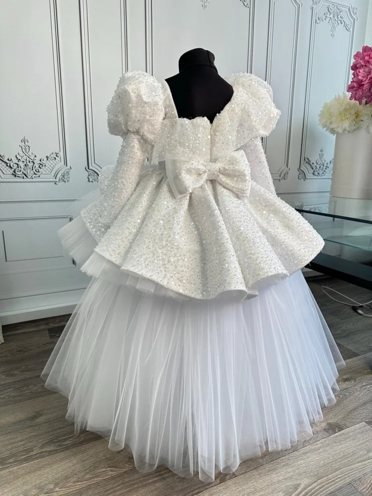 Custom Flower Girl Dress,Long Puff Sleeve V Neck Full Sequin Overlayer Big Back Bow Multi-Layer Tulle High Low Skirt