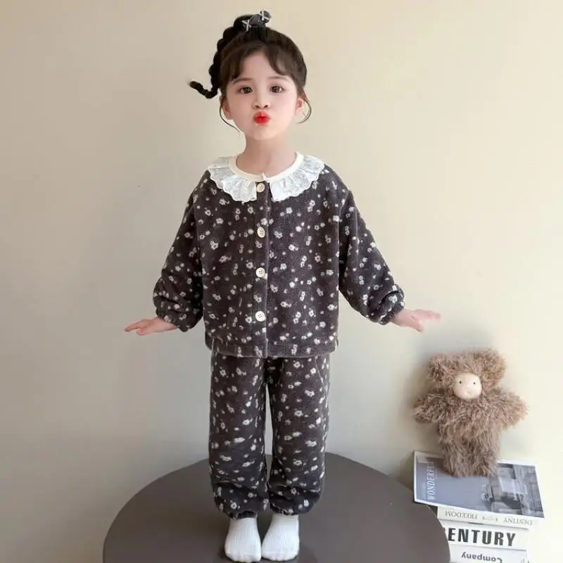الفانيلا المنزل اثنين الفتيات الخريف الشتاء مجموعة الطفل سميكة الدافئة الأطفال Kawaii معطف غير رسمي القمم قطعة المرجان المخملية بيجامة غرزة' #4