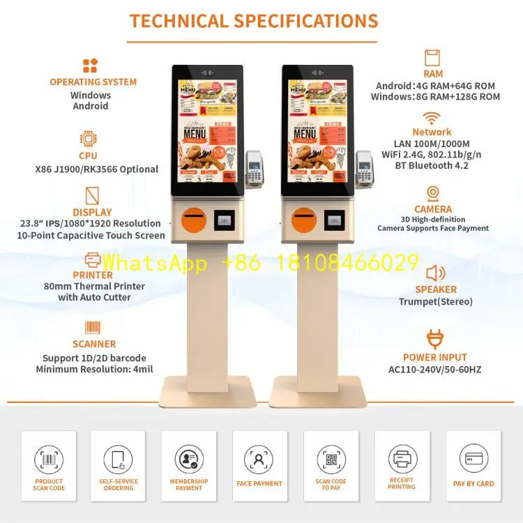 con impresora térmica SDK Lector de código de barras Restaurante Orden de comida rápida Máquina automática de quiosco de pago de autoservicio