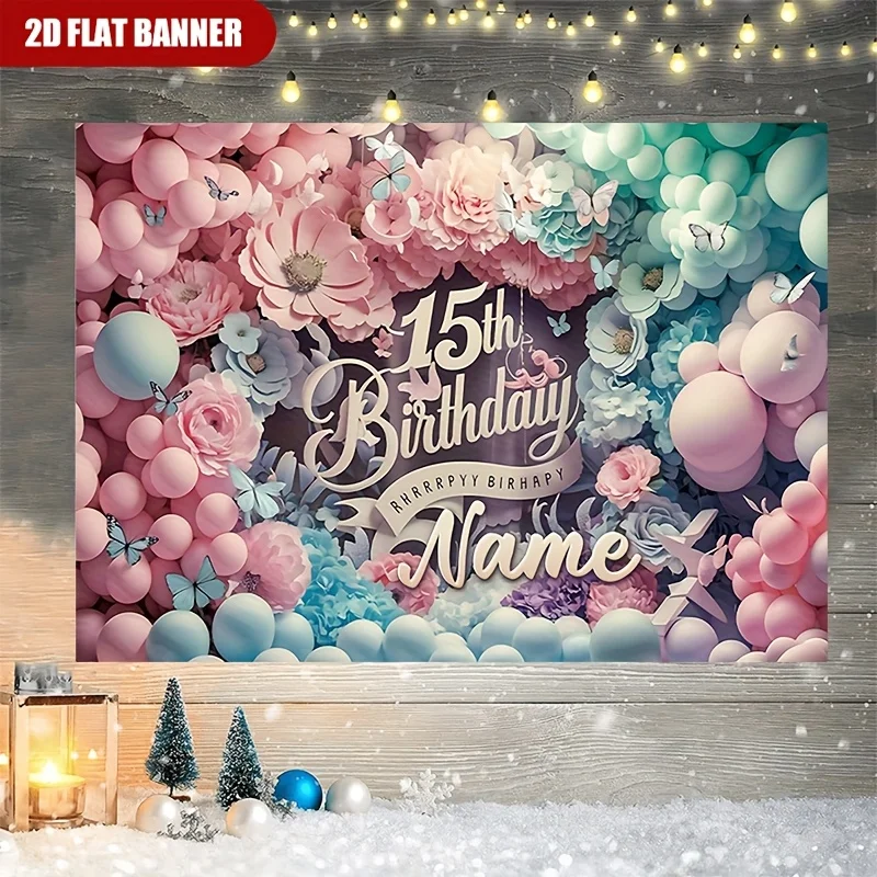 1pc Custom 15th Birthday Backdrop Banner Pastel Floral Balloon Butterfly Party Background for Teen Girl Birthday Decoration