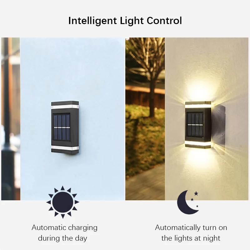 Zewnętrzna lampa ścienna na energię słoneczną 6LED, wodoodporne oświetlenie ścienne, oświetlenie w górę i w dół, do tarasu, ogrodu, ogrodzenia,