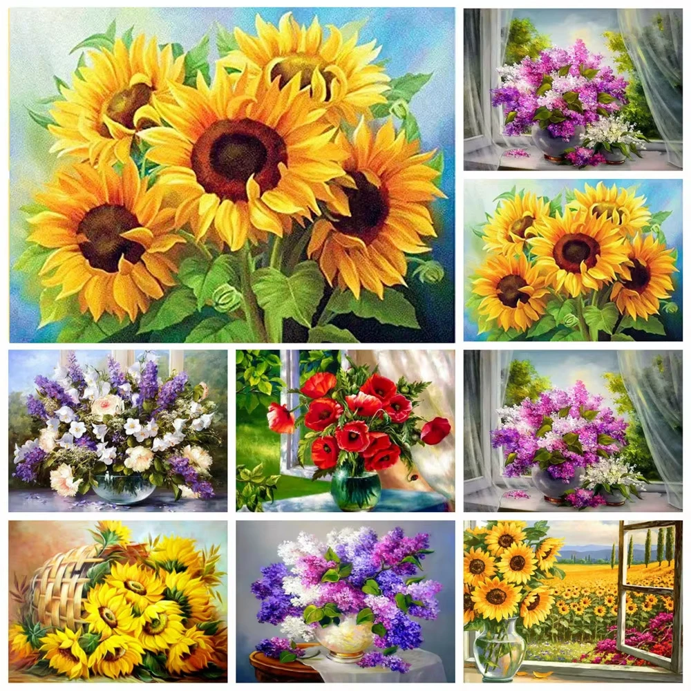 5D DIY Diamant-Malerei Blumen-Mosaik Vollrund-Bohrer 30x40cm Diamant-Stickerei Sonnenblume Flieder Mohnblume Heimdekoration