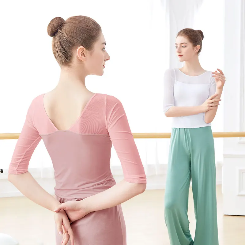 Tops de Ballet para mujer, camisa de Ballet de empalme de malla, ropa elegante para adultos, traje de baile de bailarina de Yoga para mujer