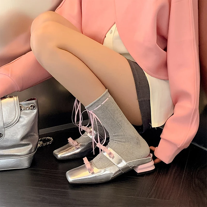 2024 New Genuine Leather Square Head Shallow Mouth Single Shoes Women's Bow Versatile Comfortable Low Heel Thick Heel Small Shoe