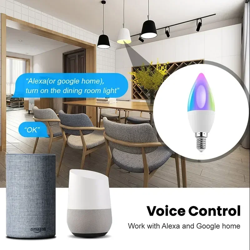 TNCE Tuya Bluetooth/WIFI/Zigbee E14 Candle Lamp RGB Light Dimmable For Room App Voice Control,Works With Alexa Google Home