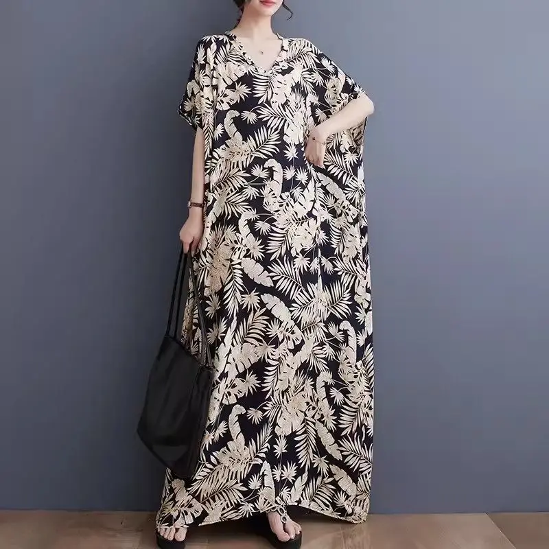 

Printed Vacation Style V-Neck Long Dress For Women 2024 Summer Bohemia Short Sleeve Cotton Silk Casual Baggy Dress K2187