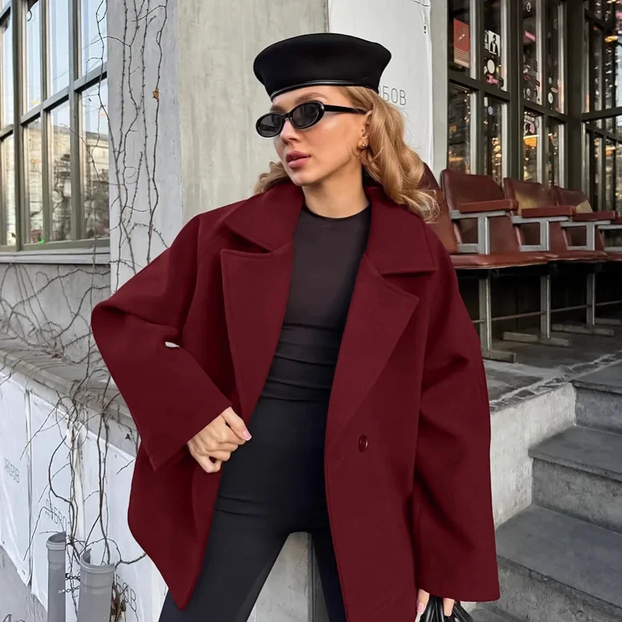 

Women Short Winter Coat Belted Wool Blend Lapel Collar Loose Fit Single Breasted Outerwear Warm Casual Jacket