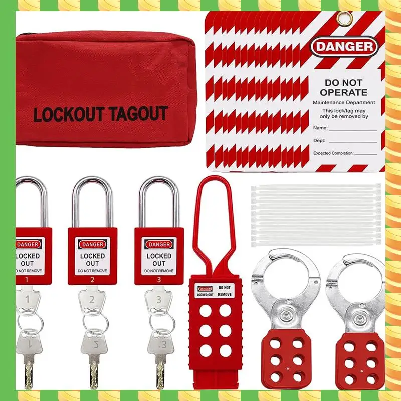 

AB53 Lockout Tagout Kit, Nylon Ties, Safety Padlocks With Number,Group Lockout Hasps, Universal Kit With Red Pocket Bag Easy Ins