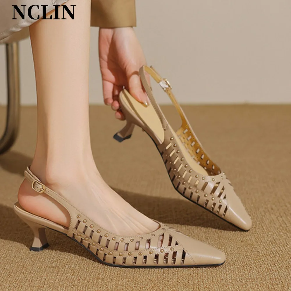 

women's sandals summer 2025 luxury Designer woman Heeled Pumps sandals Leather Brand Rivets High Heels Gladiator Ladies Shoes