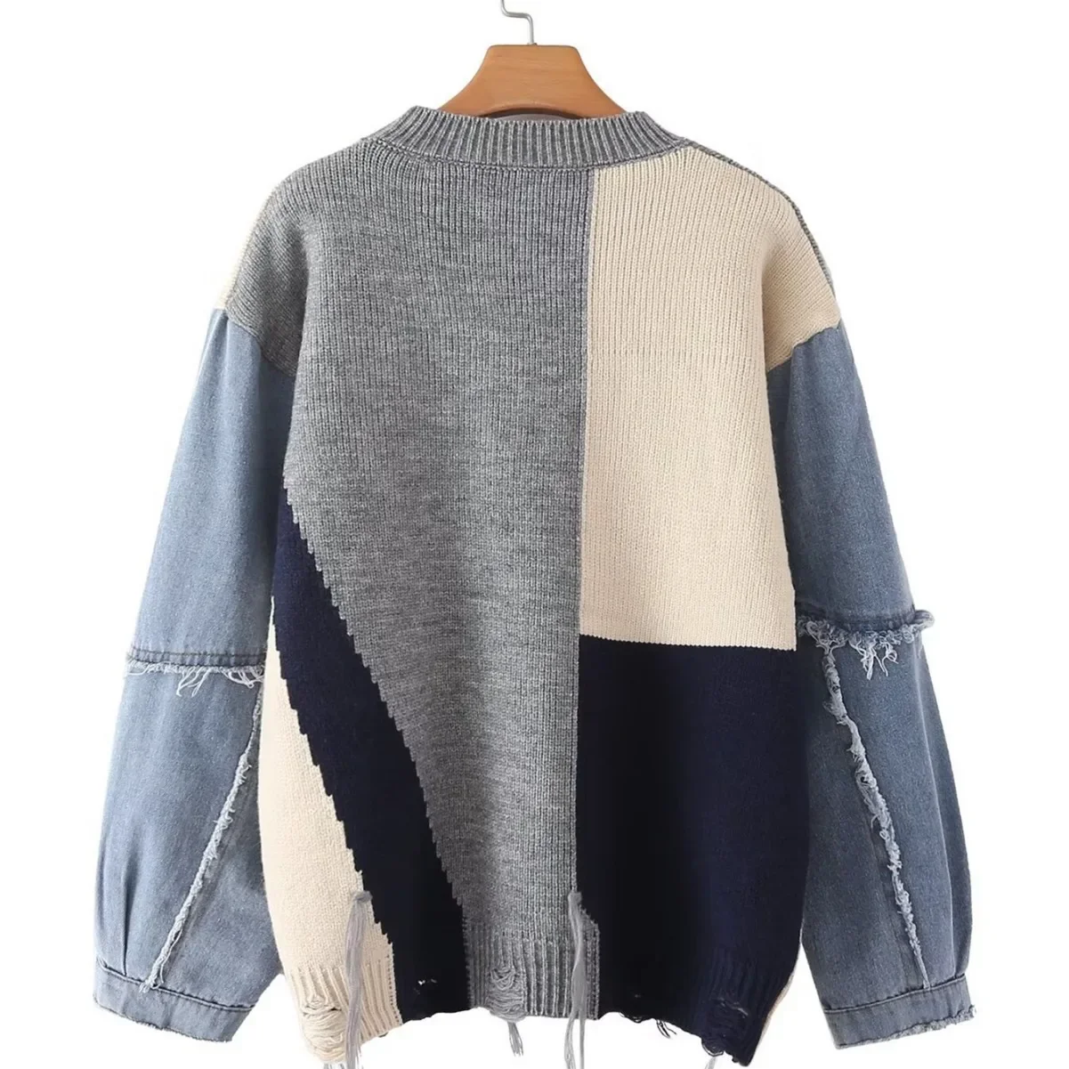 Loose sweater female design sense niche cowboy female autumn and winter Korean new stitching outerwear knit bottoming shirt