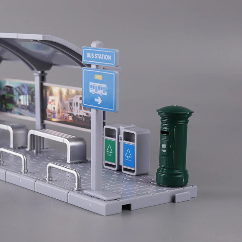 Modelo de plataforma de ônibus em miniatura, brinquedos de montagem, blocos de construção, cenas de cidade, modelo diy, fabricação/paisagem de mesa/presente, 1 peça