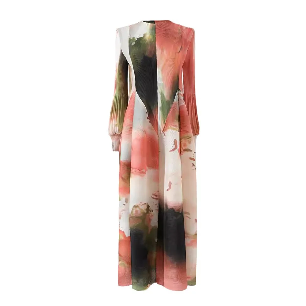 Miyake Dress for Women Autumn 2024 Fashionable Temperament Printed Lantern Sleeves Loose Semi High Neck Long Dress Versatile