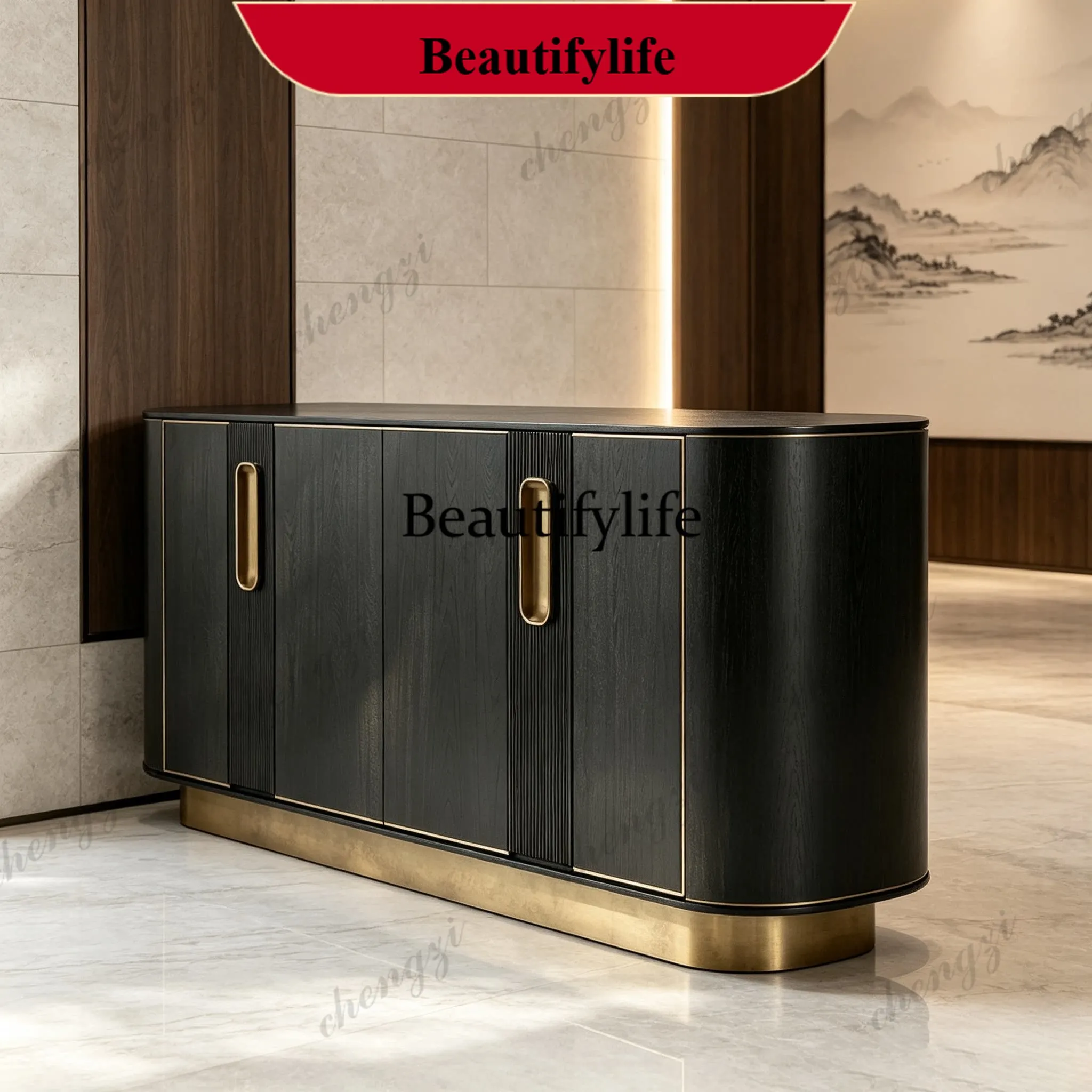 Medieval retro dining side cabinet, black veneer curved entrance cabinet, villa restaurant storage against the wall d178