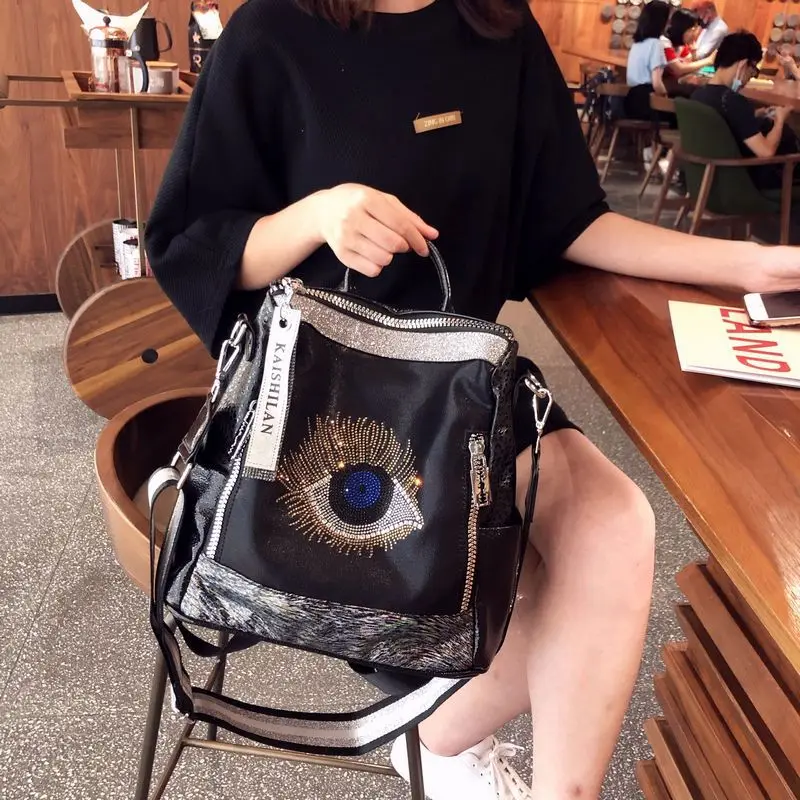 Microfiber Synthetic Leather Diamond Backpack for Women Fashion Casual School Book Big Capacity Black Knapsack Bag with Chain