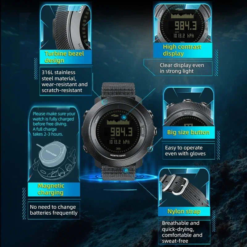 hot NORTH EDGE APACHE-D Diving Watch Outdoor Sports Men Watch Altimeter Barometer Compass 10ATM Waterproof Watches for Man