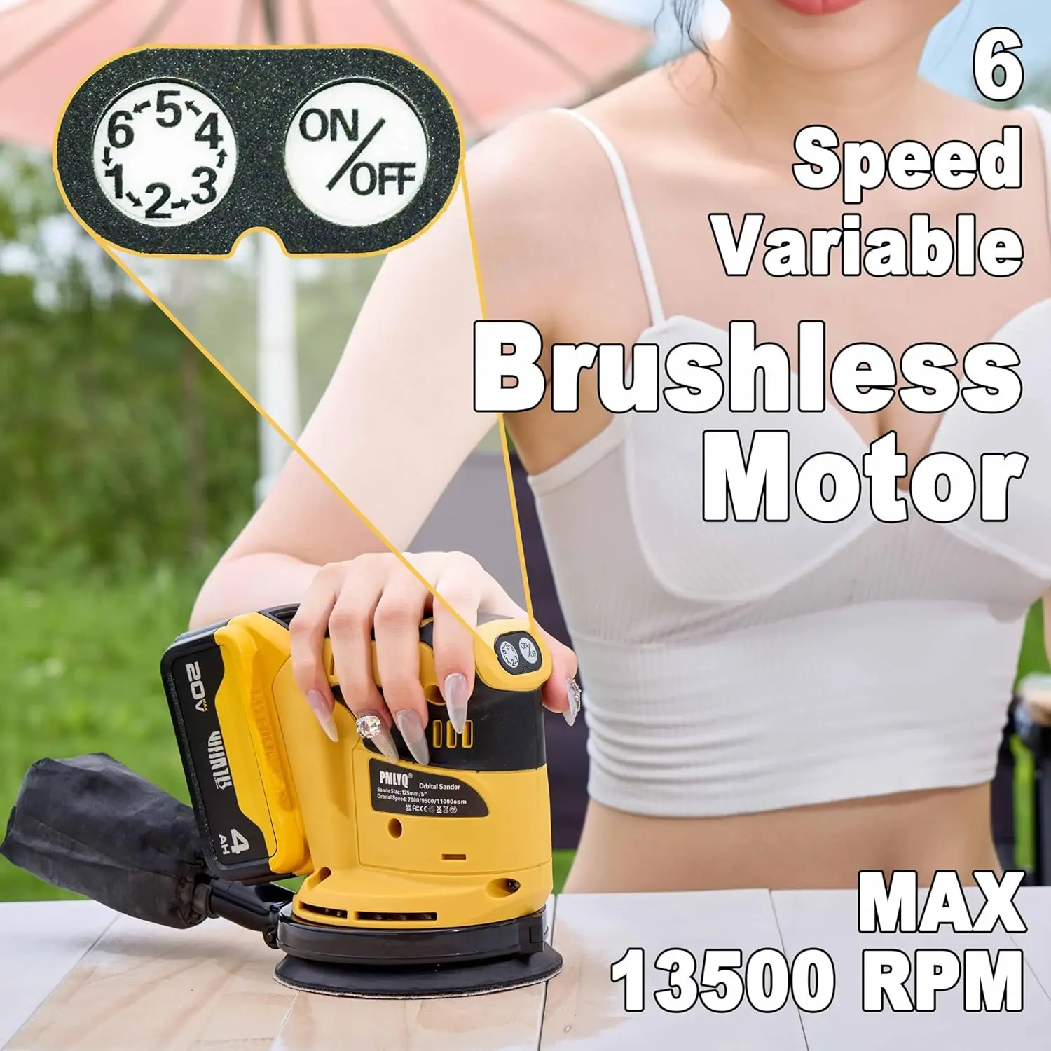 Brushless Motor Random Orbit Sander,6 Variable Speed Orbital Hand Sander for 20v Battery,5” Electric Sander for Woodworking Sand