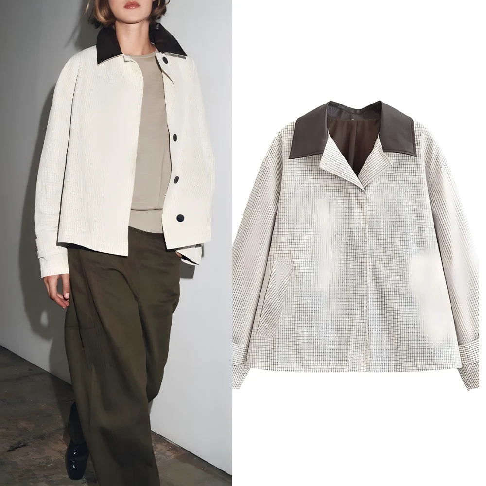 

Women's 2025 new fashion contrasting short fine grid lapel Windbreaker coat retro long sleeved Button-up women's coat chic top