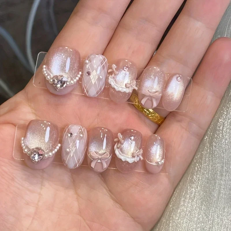

10pcs Handmade Press on Nails Glass Beads Pink Cat's Eye Bow Full Coverage Nail Tips Detachable Wearable Nail for Wedding Party
