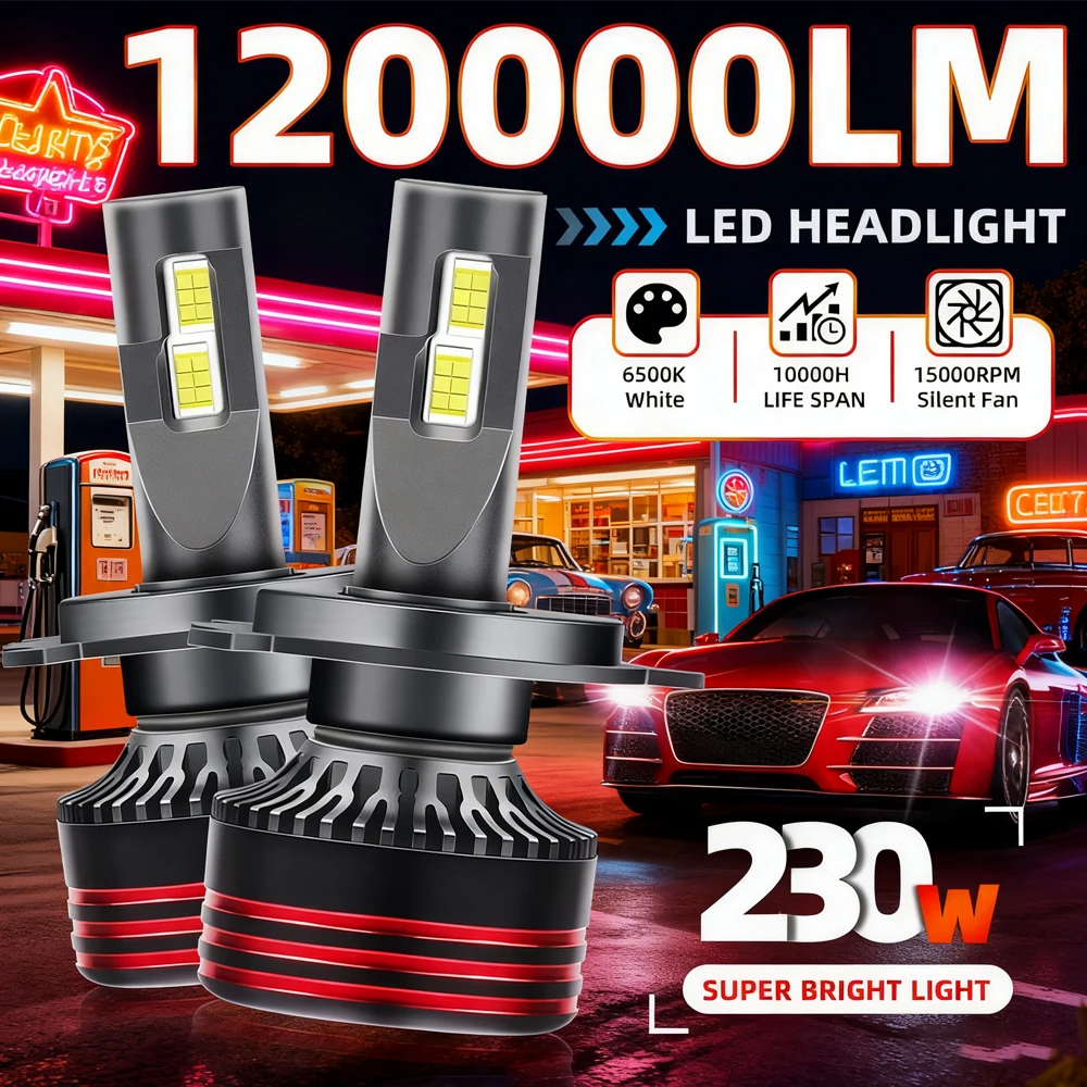 

Светодиодная фара H4, 230 Вт, супер яркая, h4, дальний/ближний свет, 120000LM, 6000K, холодная белая галогенная лампа, замена одинарной трубки Cooper