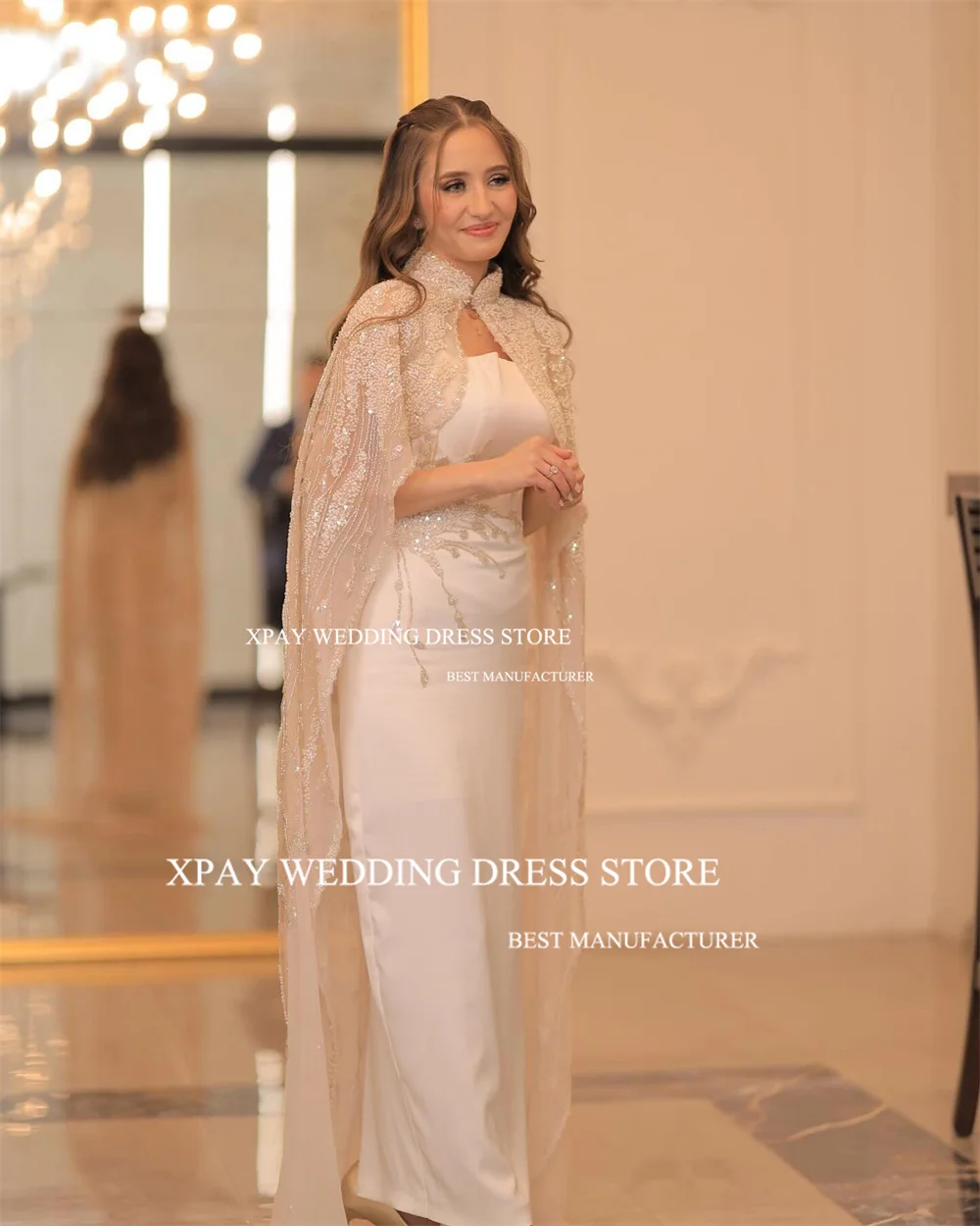 XPAY Luxury Saudi Arabic Wedding Party Dresses Lace Beading Cape Sleeves Floor Length Elegant Formal Prom Gown Occasion Event