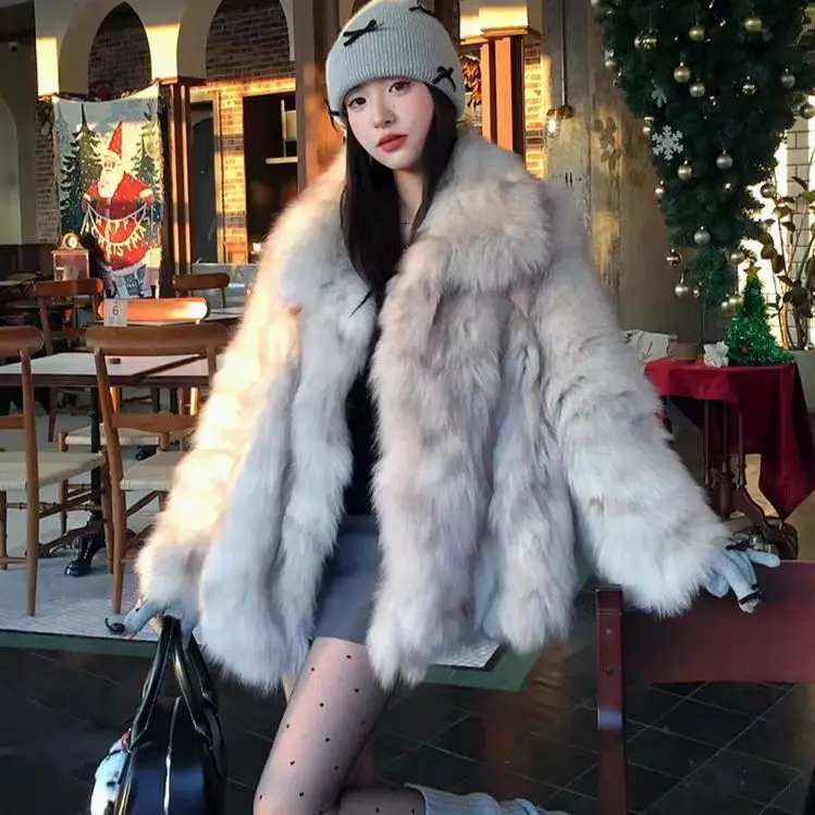 

Stylish Women Winter Artificial Fur Jacket Gradient Lapel Collar Full Sleeve Lady Mink Fur Outwear Minimalist Female Fur Coat