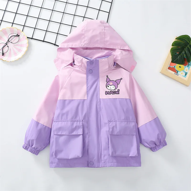 Kuromi Girls Coat Windproof Coat Sanrio Autumn and Winter Plus Velvet Warm Hooded Removable Jacket Coat Girl Clothing Gift