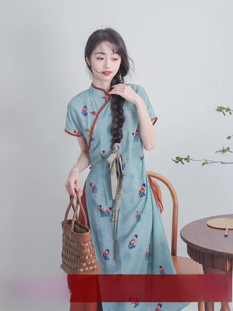 

Новое китайское вечернее платье с синим принтом и рваным Qipao Dr для женщин, винтажное платье с высоким разрезом ort Sve