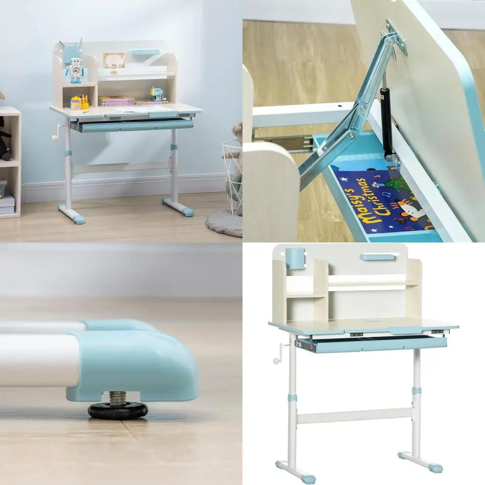 

Blue Height-Adjustable Wooden Kids Study Desk with Tilt Table, Drawer, Shelf, and Pen Holder