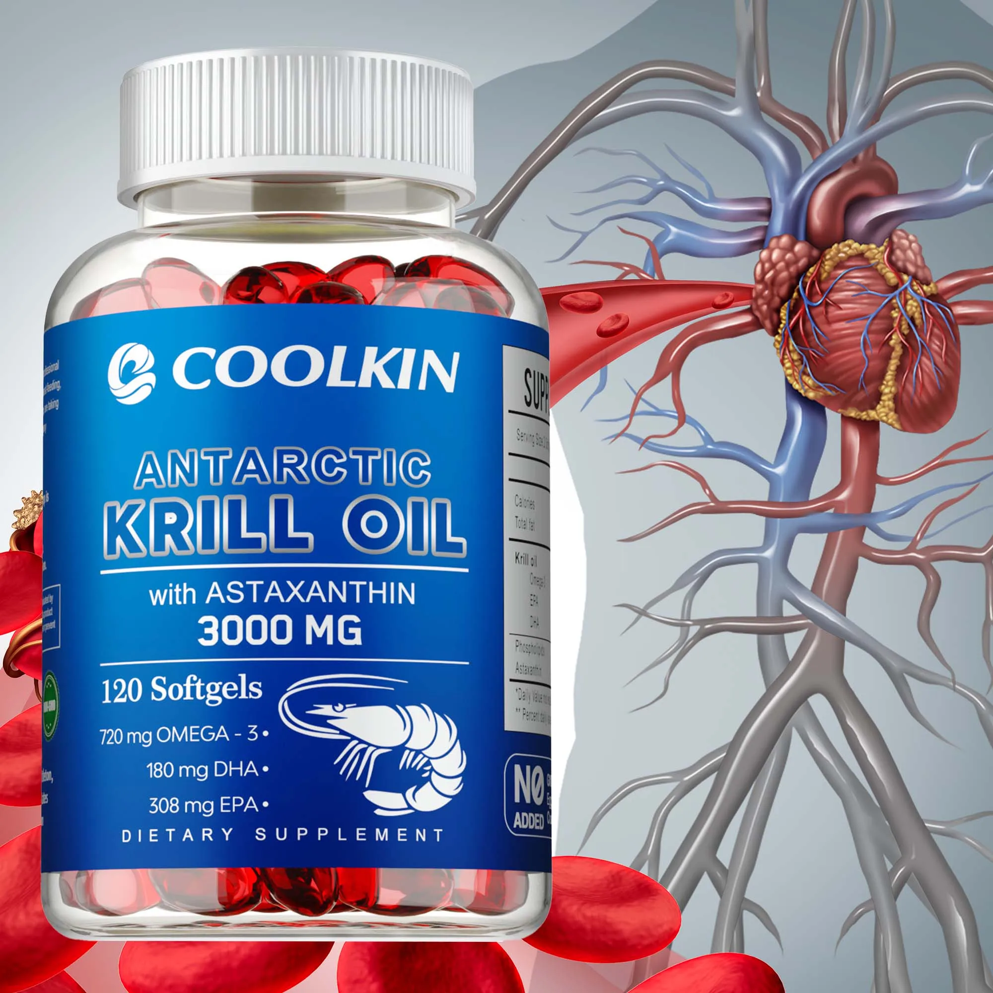 

Antarctic Krill Oil 3000mg - Omega-3 EPA, DHA, Reduce Joint Pain, Improve Blood Circulation, Supports Heart & Joint Health
