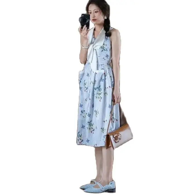 Striped Dress French Navy Collar Floral Fruit Print Vest Women Temperament Hong Kong Style Casual Loose  Midi Dress New