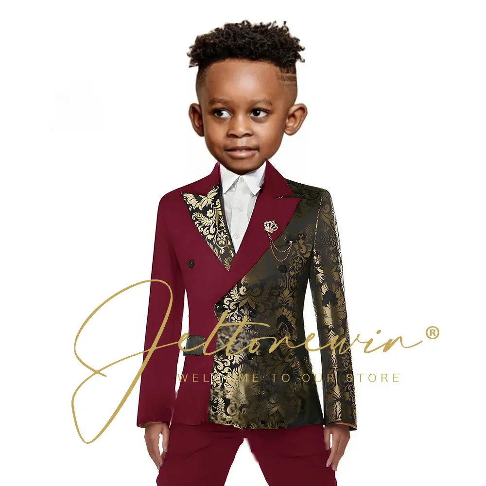 Black Gold Floral Boys Suit Jacket Pants 2 Pieces Wedding Tuxedo Kids Blazer Set Slim Fit Double Breasted Clothes for Child