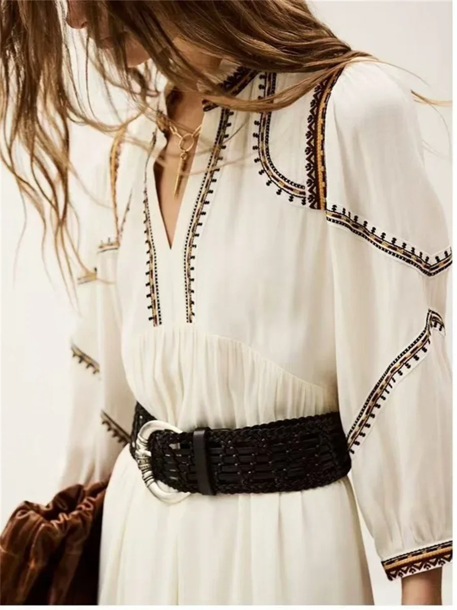 

2025 Spring New Female Vintage Print Lace Collar Mid Length Dress V-Neck Long Sleeved Robe