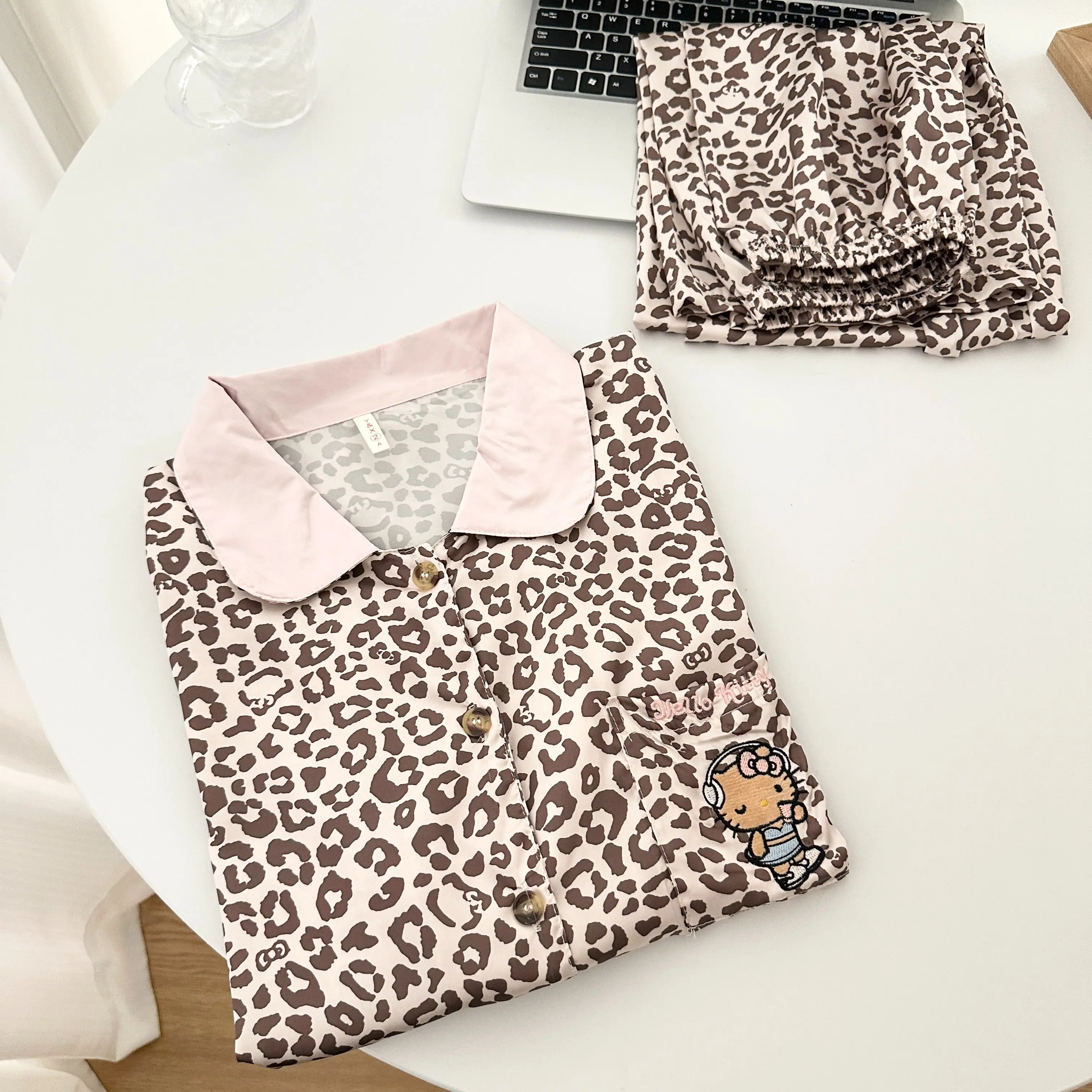 

Hello Kitty Women's 2025 Leopard Print Ice Silk Pajama Set Fall Winter Long Sleeve Pants Cartoon Loungewear