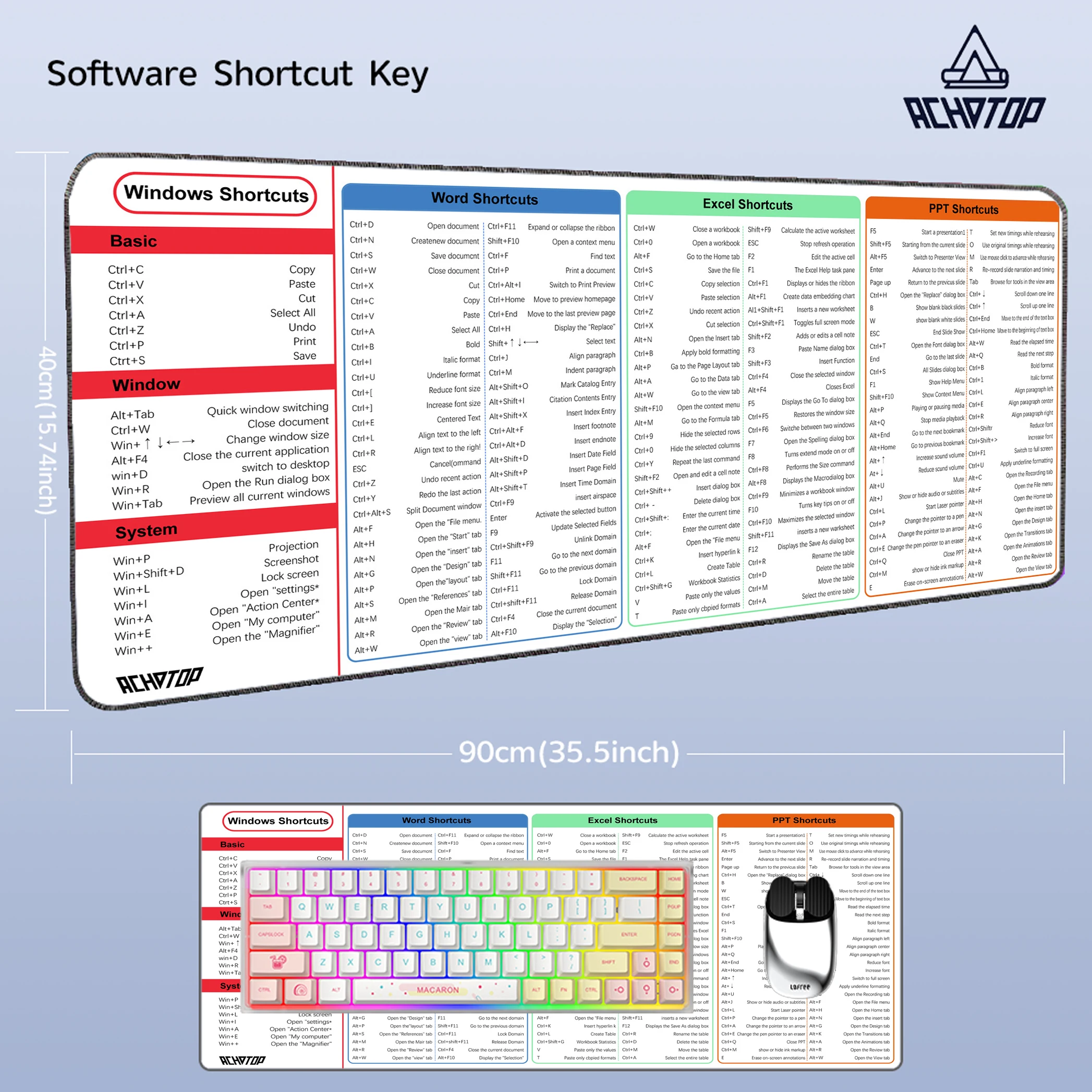 

Windows Shortcuts Keys Mouse Pad for Browsing/Office Large Cheat Sheet Keyboard Mousepad Deskmat Non-Slip Base Stitched Edge Rug