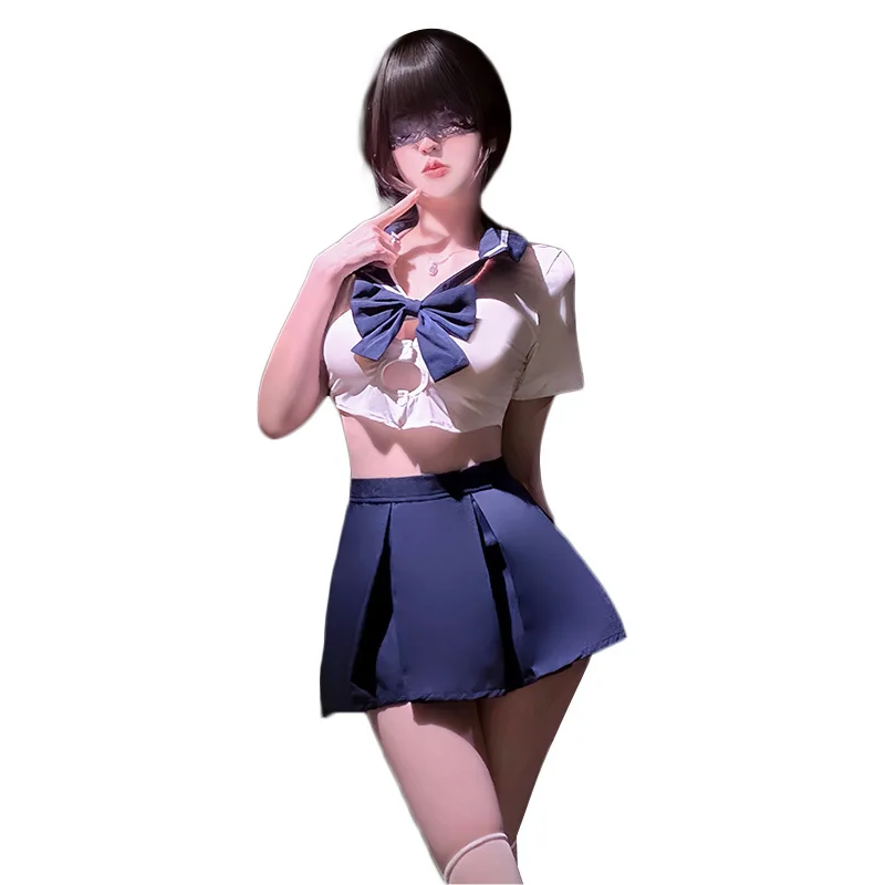 

Cute Sweet Bow Student JK Uniform Temptation Cosplay Sailor Costumes Sexy Short Sleeve Hollowed Out Top Pleated Short Skirt Set