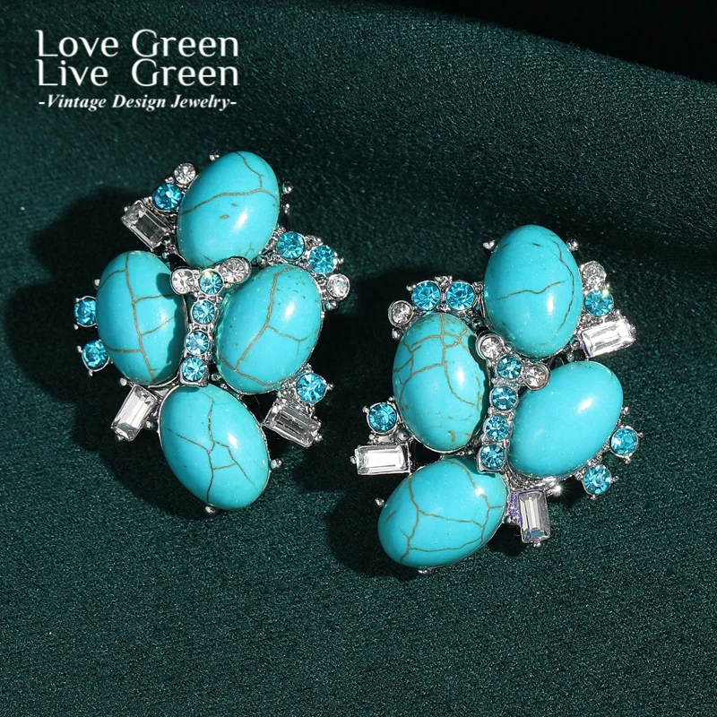 

Vintage Turquoise Luxury Earrings Designer Blue Crystal Stud Accessories Silver Color Jewelry For Women Beach Summer Holiday