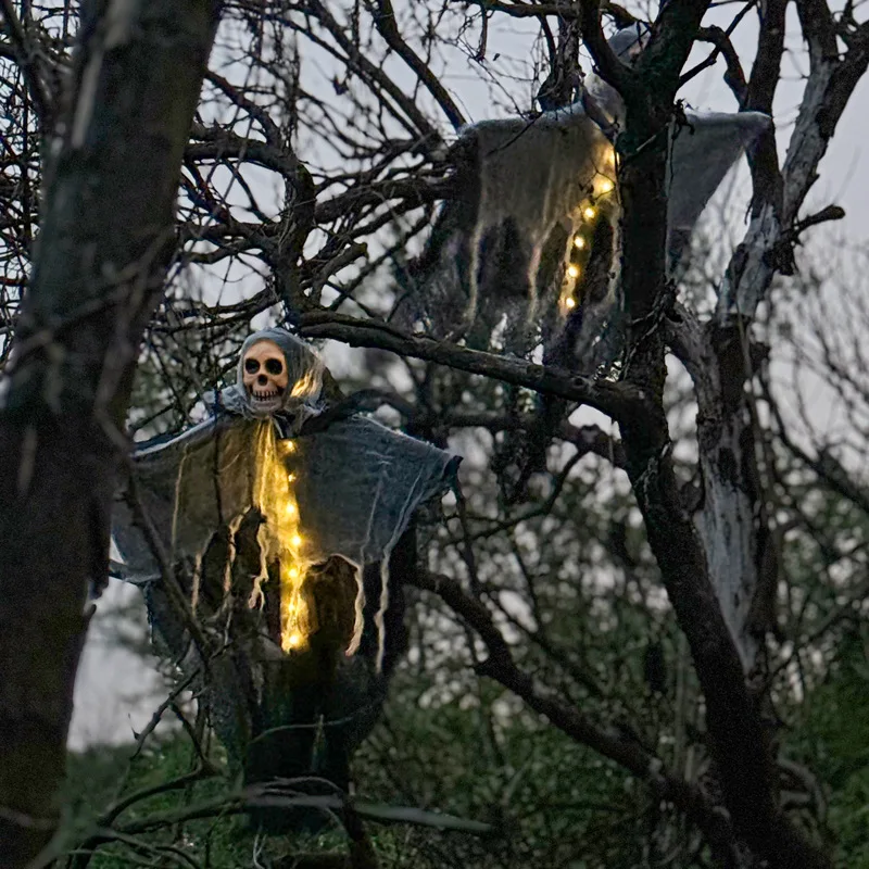 Halloween LED-Hängegeister-Skelett-Dekorationen, leuchtende Sensenmann-Schädel-Ornamente, gruselige fliegende Geisterlichter für Zuhause – Detail 6