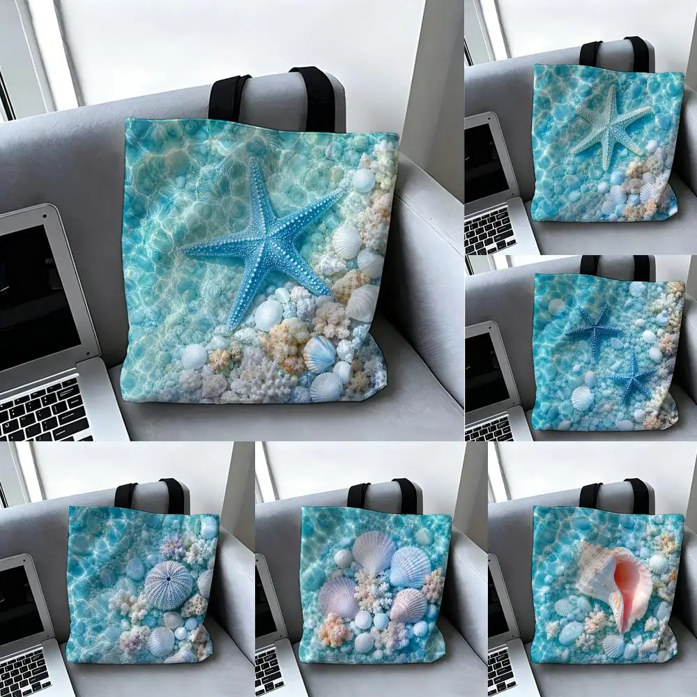 Underwater Sea Creature Storage Bags Canvas Double-Sided Print Tote Bag Large Capacity Shoulder Fashion Shopping Handbag