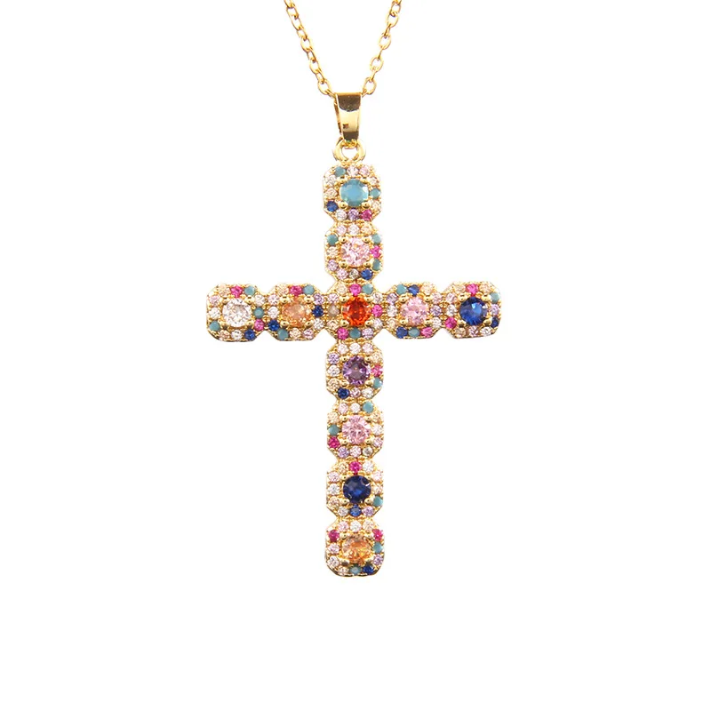 Fashion  Choker Colorfull Zircon Cross Shaped  Pendant Necklace Stainless Steel  Chain Necklace Jewelry Necklace For Women