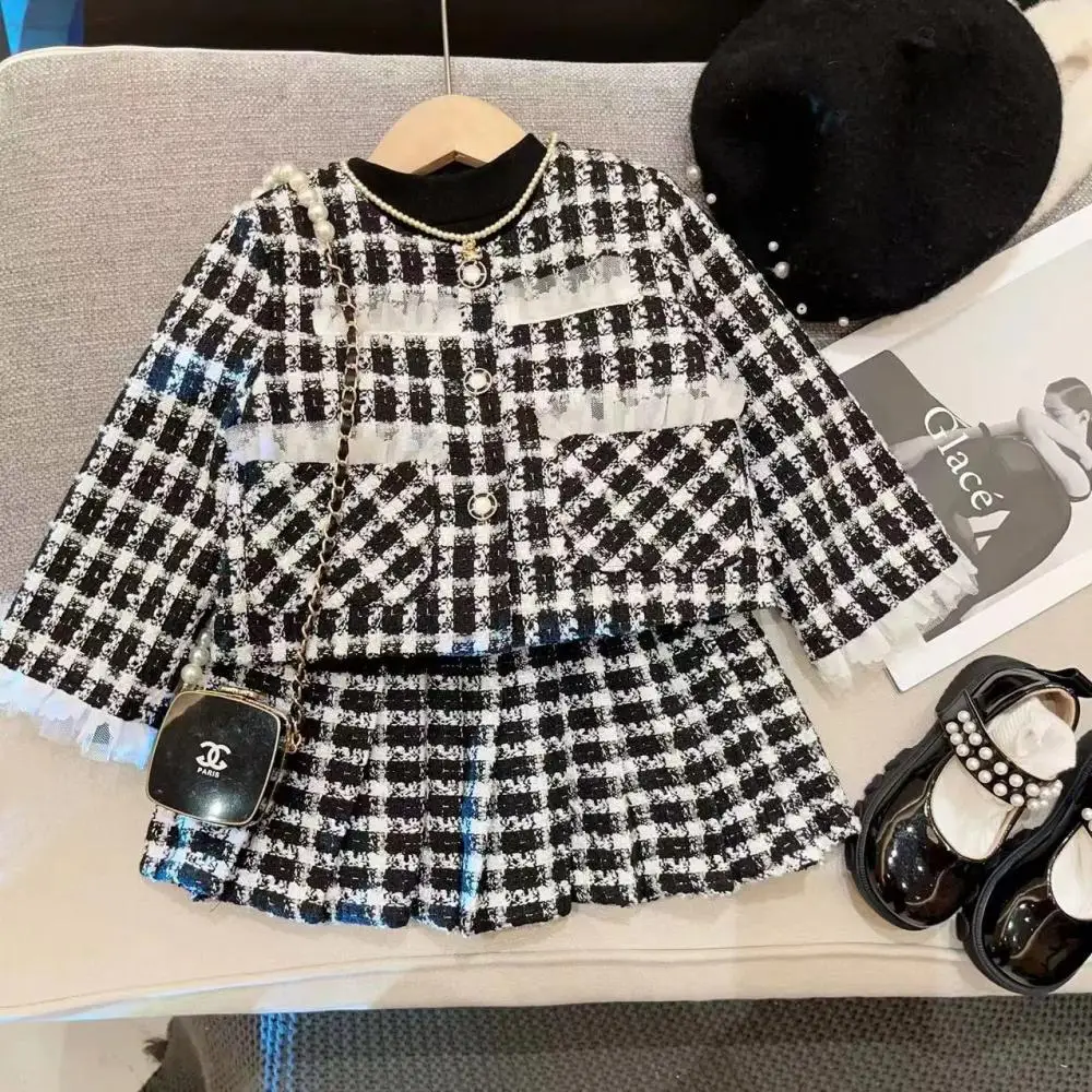 

2024 Girl Autumn Winter Plaid Two Piece Set Baby Girl Single Breasted Lace Splicing Jacket Coat Same High-Quality Children Skirt