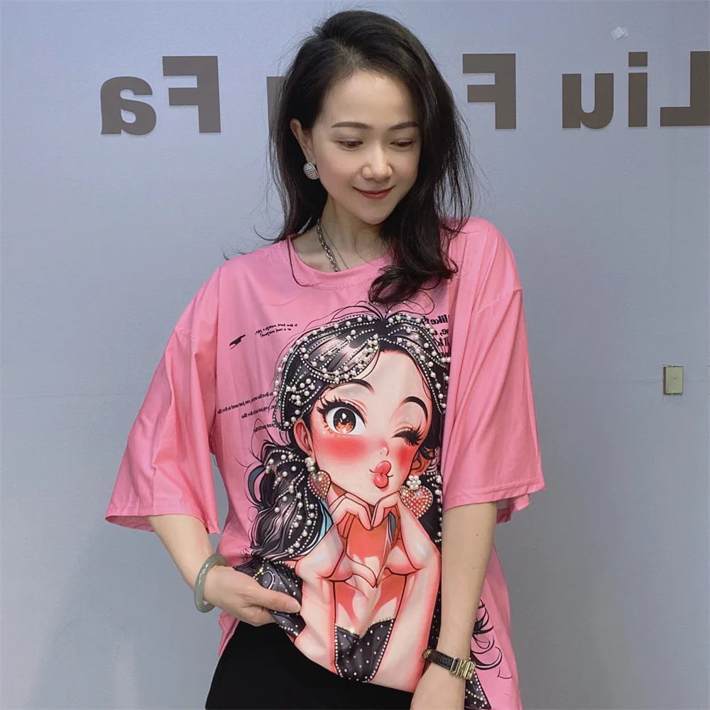 Casual Beading Cartoon Pretty Girl Print T-shirt Woman Summer Tops O Neck Short Sleeve Tees Vestidos Streetwear Bust 116cm 2026
