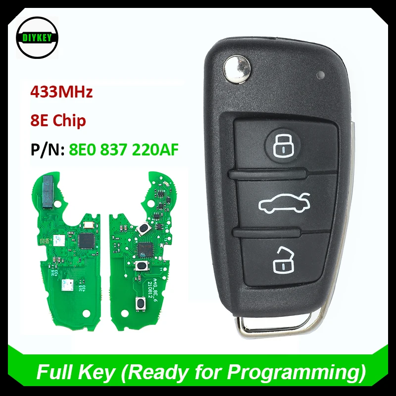 

DIYKEY 8E0 837 220AF Smart Flip Remote Key Fob 3 Button for Audi Q7 2007-2015 433MHz - 8E Chip Car Key Fob 8E0837220AF