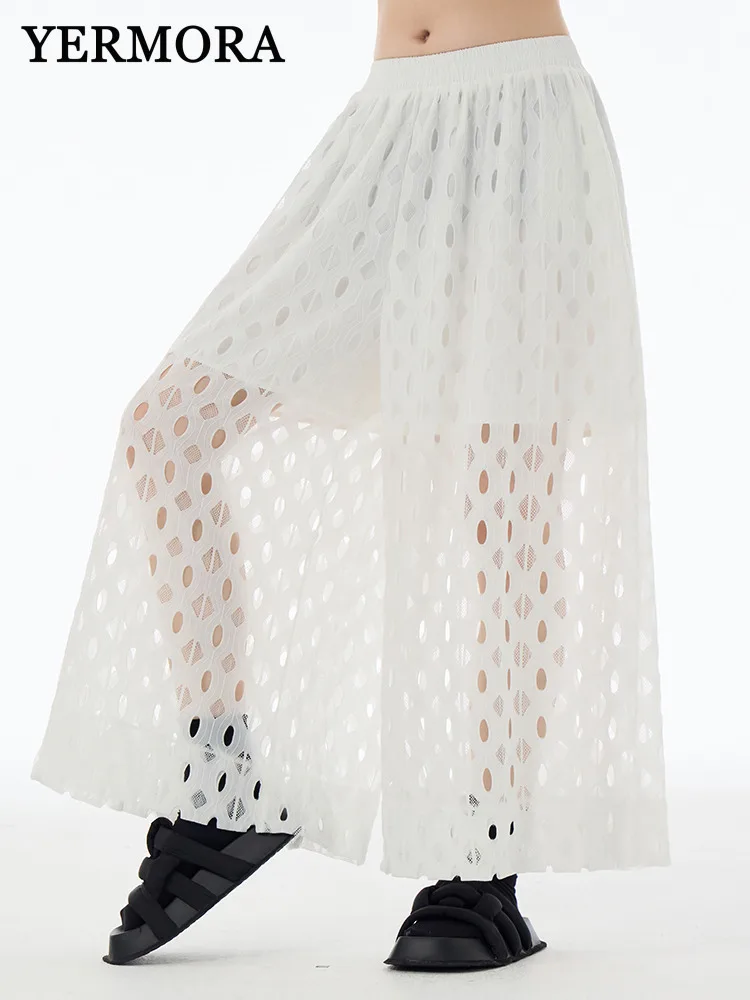 

YERMORA High Elastic Waist White Lace Hollow Out Wide Leg Pants For Woemn Loose New Trousers Fashion Tide Spring Summer 2025