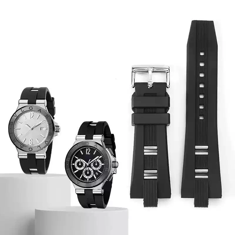 

Waterproof Watch Strap For Bvlgari DIAGONO Rubber Watch Strap with Raised Silicone Wristband Black Men's 26mm-9mm
