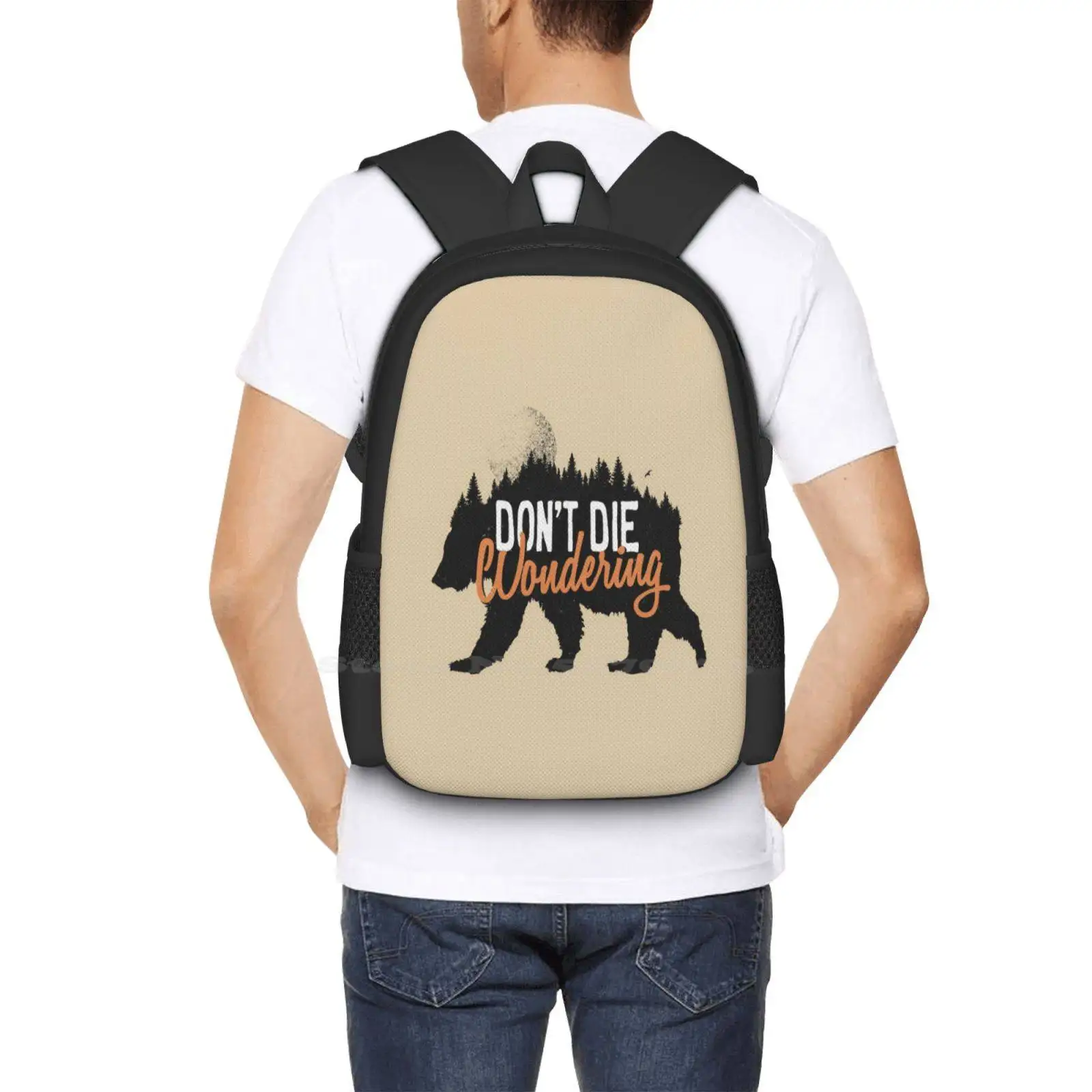 Don't Die Wondering 3D Print Design Rugzak Studententas Natuur Beer Die Trees Moon Wonder Pija soi