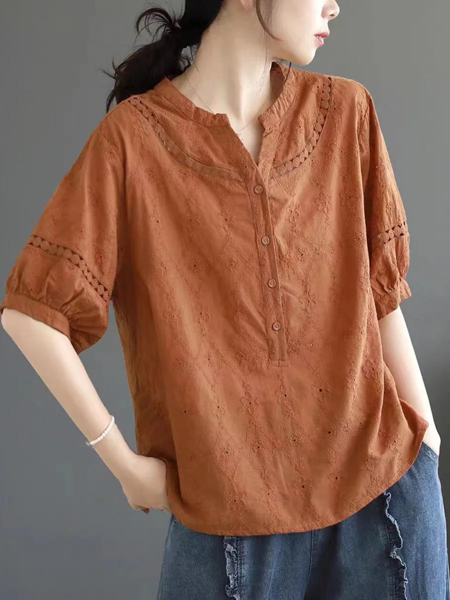 

Женская свободная футболка с вышивкой, весна-лето, повседневная, с V-образным вырезом, тонкая, однотонная, для работы и отдыха