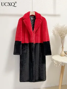 Image UCXQ Winter Black Red Contrast Faux Fur Coat Women Long Sleeve Thick Warmth Outwears Overcoat 2025 Autumn New Clothes 23A5478