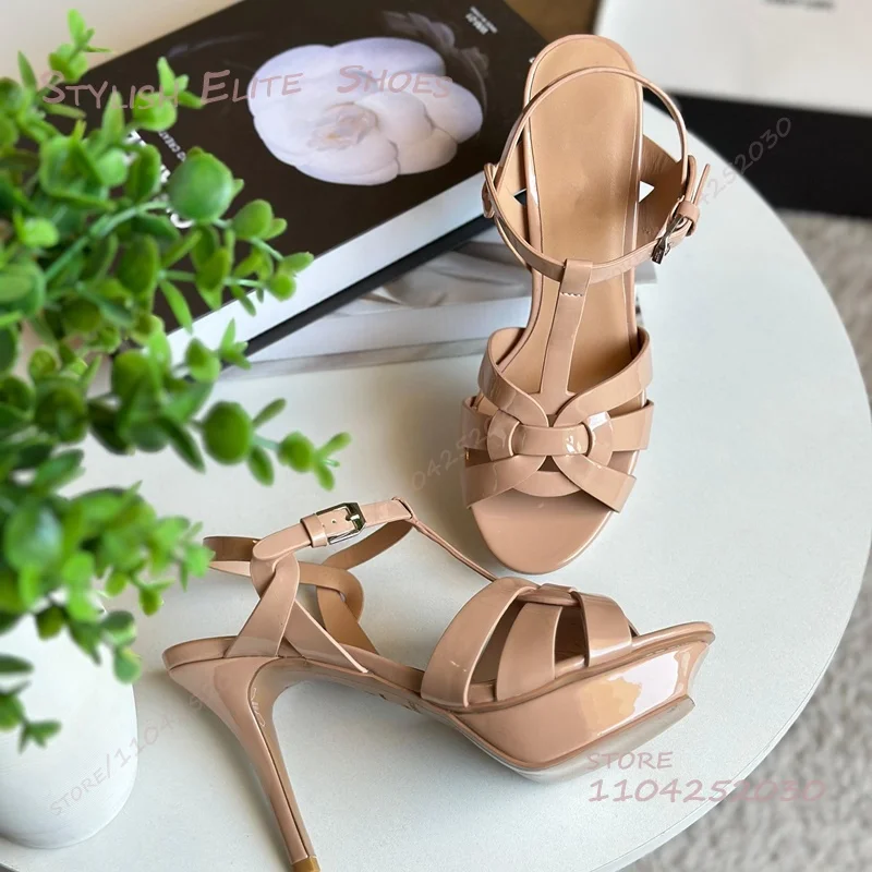

Nude Patent Leather 10Cm Woven Platform Sandals Women Stilettos Wine Red Open Pump Casual Gold Leather Dress Girl Party Shoes