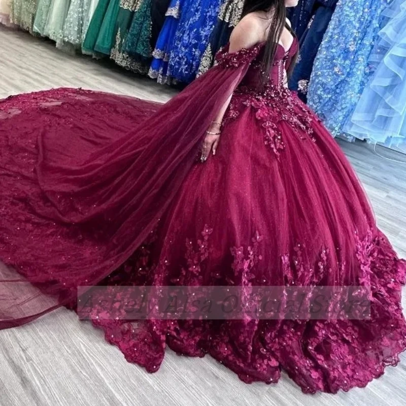 NW12 Customized Mexican Burgundy Quinceanera Dresses Sweet 16 15 Dresses Lace Appliques Beads Flowers Party Prom Dress Vestido